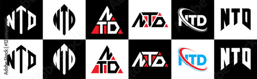 NTD letter logo design in six style. NTD polygon, circle, triangle, hexagon, flat and simple style with black and white color variation letter logo set in one artboard. NTD minimalist and classic logo