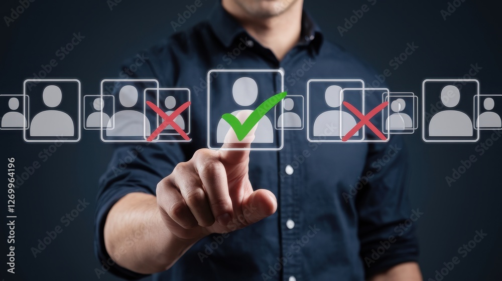 Man selects a candidate with a green check mark Man selects a candidate with a green check mark
