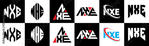 NXE letter logo design in six style. NXE polygon, circle, triangle, hexagon, flat and simple style with black and white color variation letter logo set in one artboard. NXE minimalist and classic logo