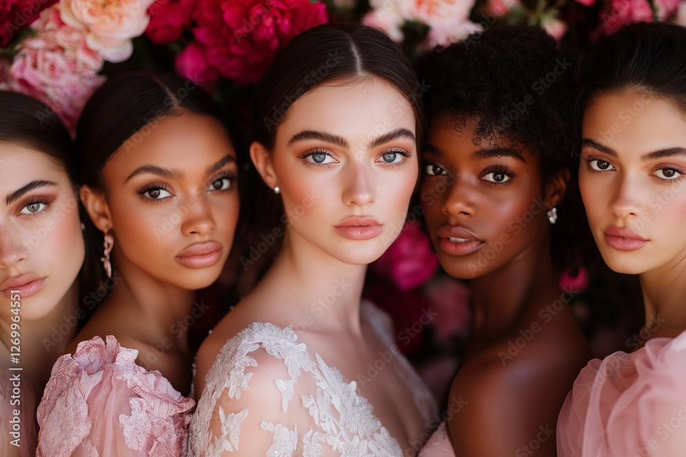 Obraz premium beautiful bride in mesmerising classic white gown with 5 diverse bridesmaids wearing different color dresses, flowerwall in the background