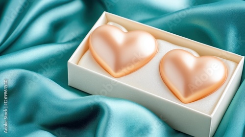 Two golden heart shapes in a white jewelry box