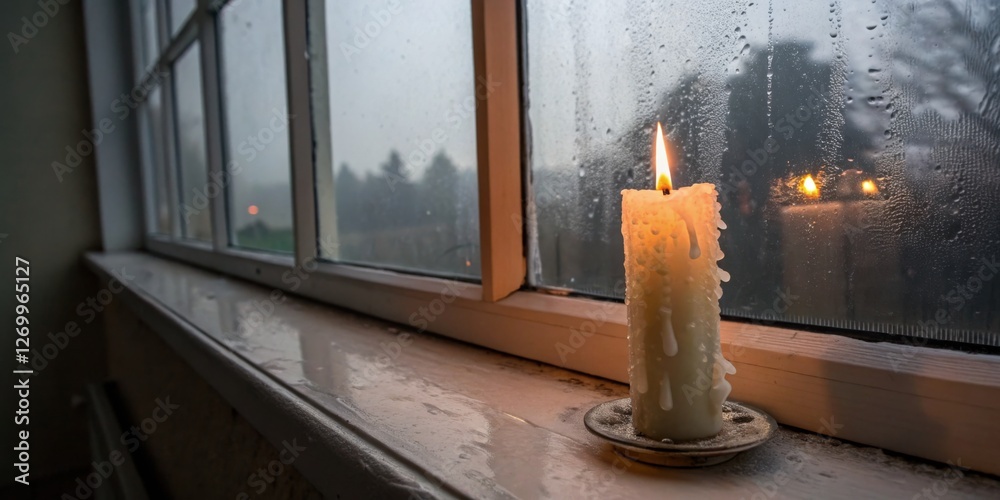 Candle flickers softly on windowsill as rain streaks down glass during a quiet evening indoors