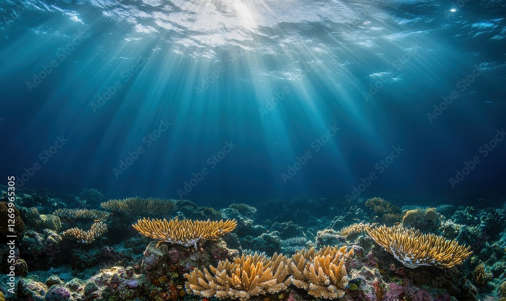Fototapeta premium A lively underwater coral reef scene illuminated by sunbeams.