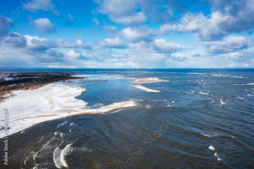 Aerial landscape of Baltic Sea beach in Mikoszewo at snowy winter. Poland photo