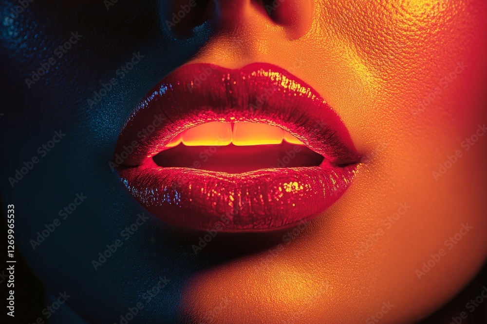 Obraz premium Red neon lips, covered in lipstick, are set against a black background