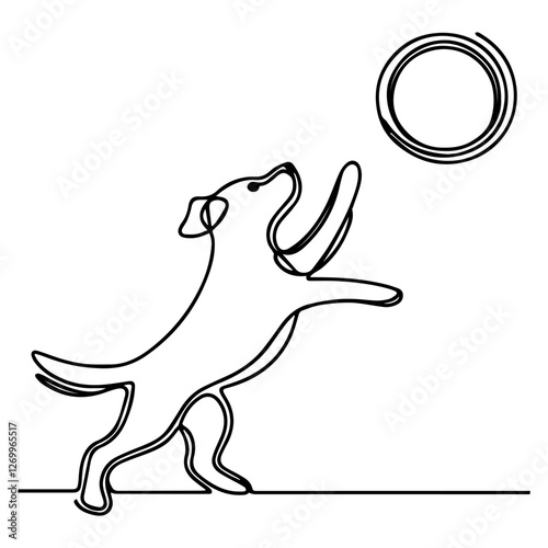 Line drawing of dog jumping to catch a frisbee in minimalist style in black and white