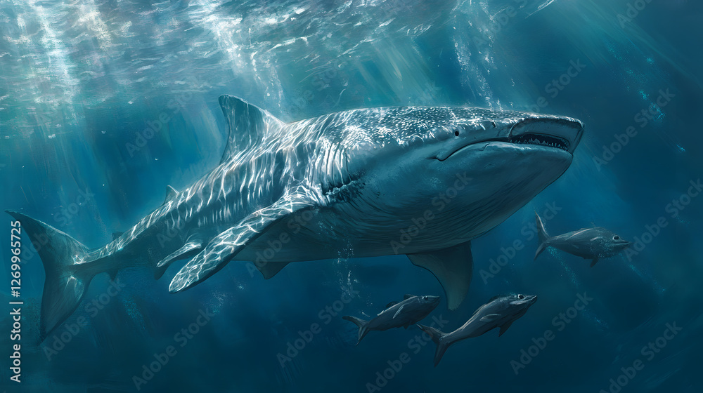 Fototapeta premium whale shark accompanied by remoras swims peacefully in ocean, with sunlight filtering through water