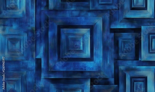 A pattern of abstract blue geometric forms with layered squares, producing a sense of depth and texture. photo