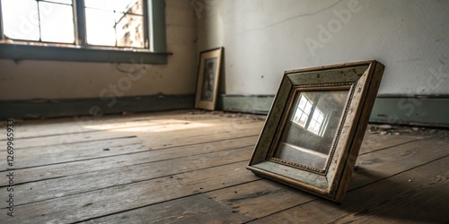 Reflection in an abandoned room with a tilted frame capturing natural light and peeling walls