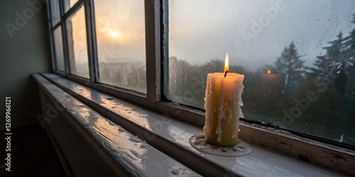 Candle casting warm light by the window during a misty sunset in a quiet room