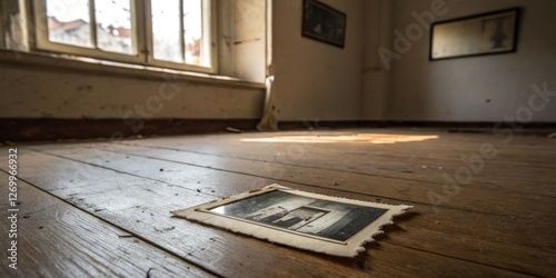 Forgotten photograph lies on wooden floor in abandoned room with sunlight streaming through window