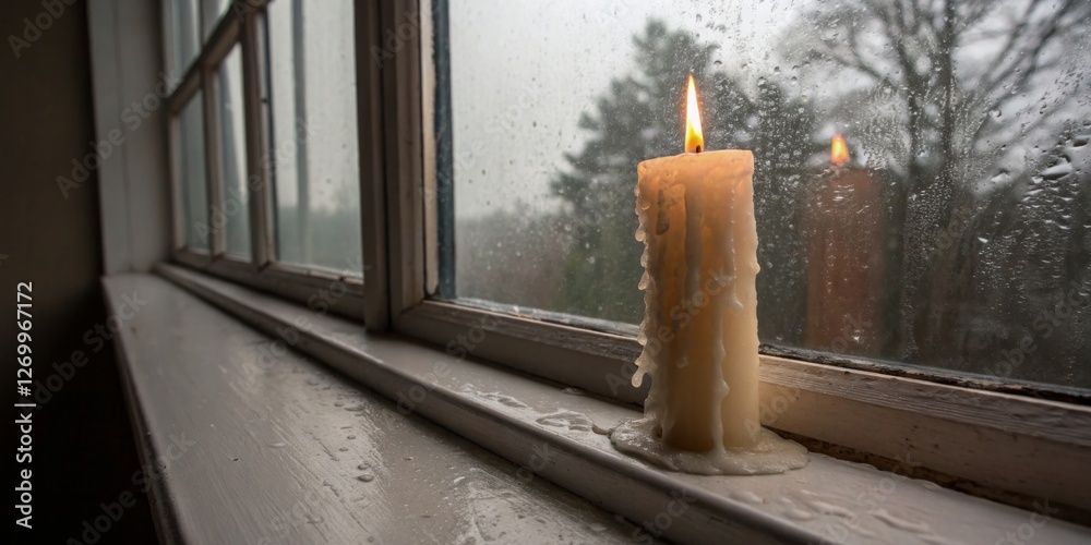 Candles glowing softly on a windowsill during a rainy day, creating a cozy atmosphere