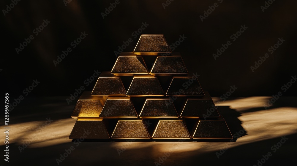 A striking arrangement of gold bars forming a pyramid against a dark background, illuminated by soft, dramatic lighting, creating a luxurious ambiance. A striking arrangement of gold bars forming a pyramid against a dark background, illuminated by soft, dramatic lighting, creating a luxurious ambiance.