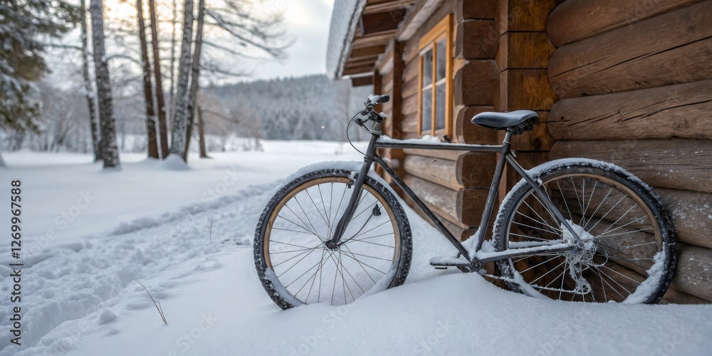 Winter scene with a bicycle parked near a cozy log cabin surrounded by snow-covered trees and a serene landscape