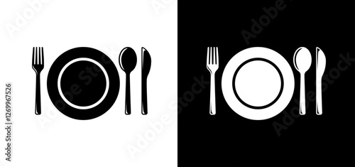 Set of tableware with fork, spoon, knife, plate icon illustration. Table cutlery on white black background to use for restaurant menu, advert . 