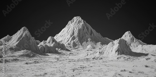 Against a backdrop of stark white, the rugged mountain range presents a striking silhouette that creates a strong visual dichotomy