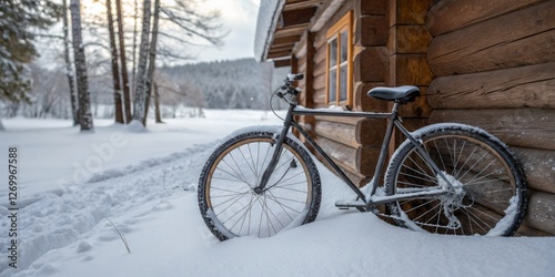Obraz na płótnie Winter scene with a bicycle parked near a cozy log cabin surrounded by snow-covered trees and a serene landscape w salonie