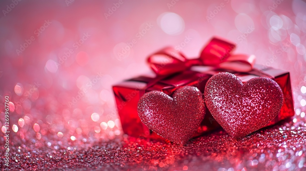 Fototapeta premium Shiny Valentine's Day gifts displayed on a glittering surface.