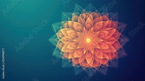 A vibrant, abstract flower design in shades of orange against a calming turquoise background, radiating warmth and serenity.