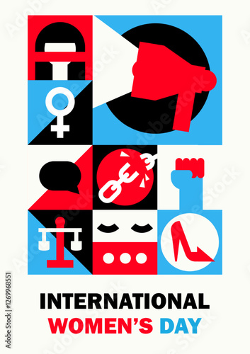 Bold feminist graphic poster for International Women's Day with geometric icons: megaphone, female gender symbol, raised fist, equality scales, chains breaking, freedom of speech. Bold minimalist card