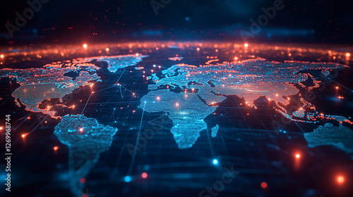 Digital representation of a world map illuminated with bright dots against a dark background showcasing global connectivity