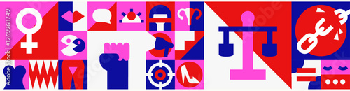 Bold geometric feminist panoramic banner for Women's History Month in red, pink, blue, and white colors with powerful geometric symbols. Header design. Equality, empowerment, resistance, human rights