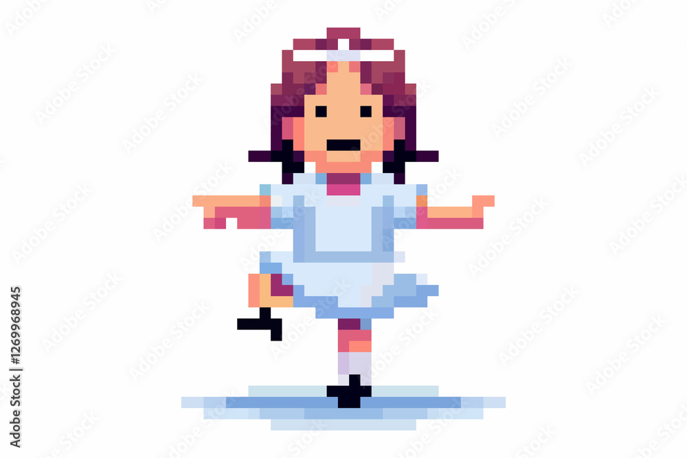 Fototapeta premium A young girl joyfully dances on one foot, wearing a charming blue dress and a white hair ribbon. The pixel art style captures a playful and vibrant atmosphere