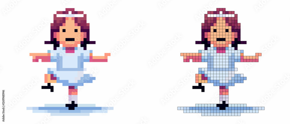 Obraz premium A young girl joyfully dances on one foot, wearing a charming blue dress and a white hair ribbon. The pixel art style captures a playful and vibrant atmosphere