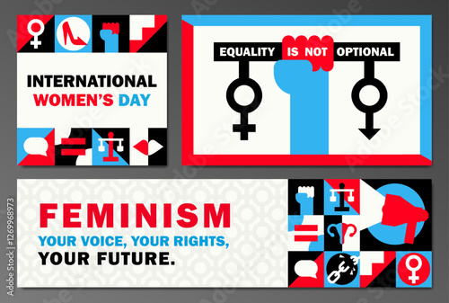 Set of bold feminist posters, banners, cards in geometric Bauhaus style with symbolic icons in squares: equality, empowerment, women's rights and strength. Feminism movement. International Women's Day