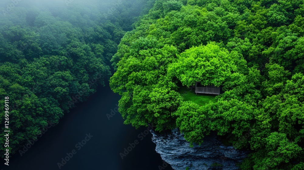Secluded forest gazebo overlooking a river, tranquil nature scene, perfect for travel brochures Secluded forest gazebo overlooking a river, tranquil nature scene, perfect for travel brochures