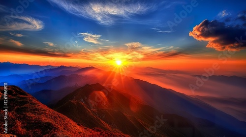 Sunset over the mountains with orange and blue hues.