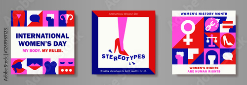 Set of modern feminist square posters, cards for International Women's Day with human rights geometric icons, personal boundaries signs, equality symbols in red, pink, blue, white. Bold Minimalism art