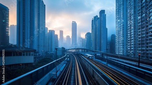 Urban architecture with a rail bridge crossing the city.