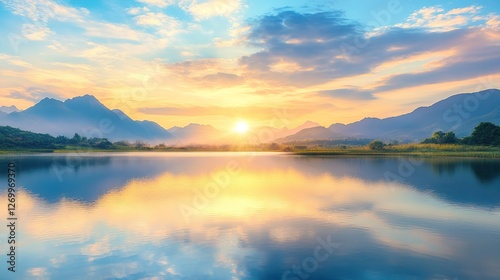 Tranquil lake with reflections at sunset.