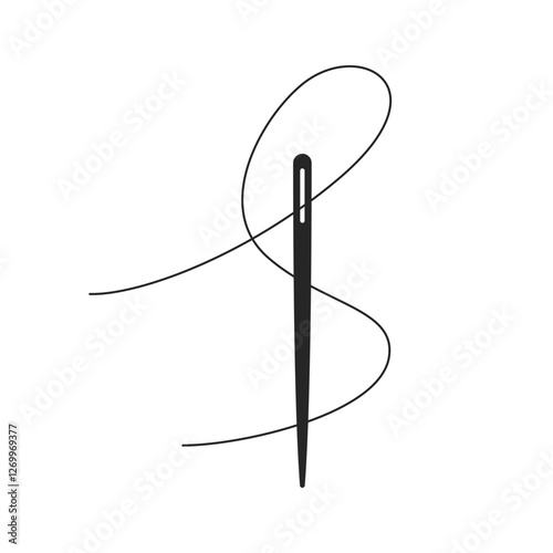 A sewing needle with thread forming an S shape threaded through the eye of the needle in silhouette vector