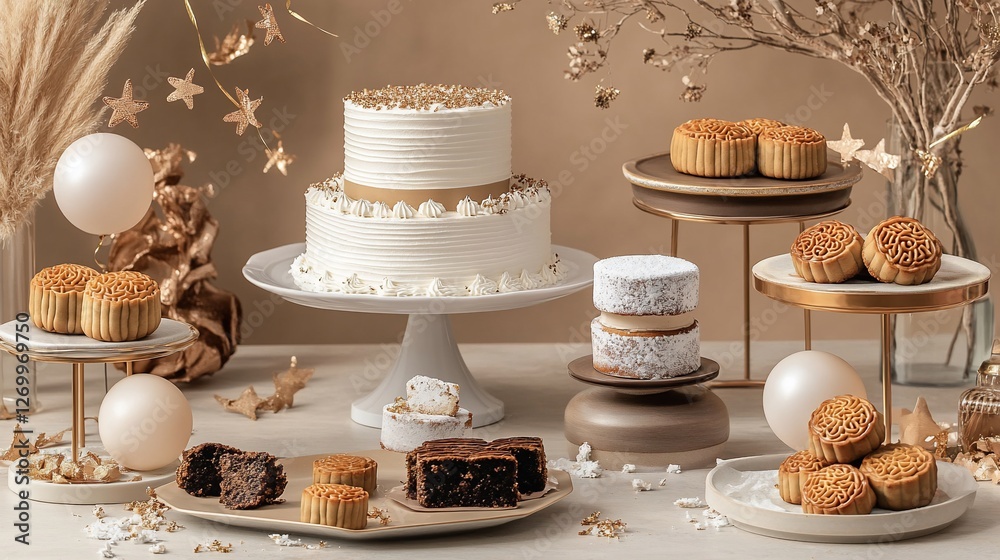Naklejka premium Elegant mooncakes, cake, and pastries on display for a festive occasion.