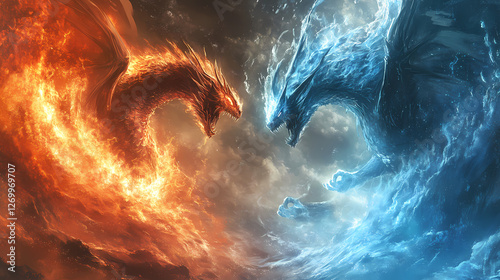 Fiery dragon and icy behemoth clash in elemental maelstrom of cosmic proportions. Fire and Ice Colossi. Illustration