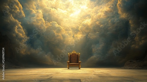 In a biblical scene representing Christian religion concepts, the second coming of Jesus Christ is animated with a majestic golden throne of god in heaven, surrounded by white clouds and radiant