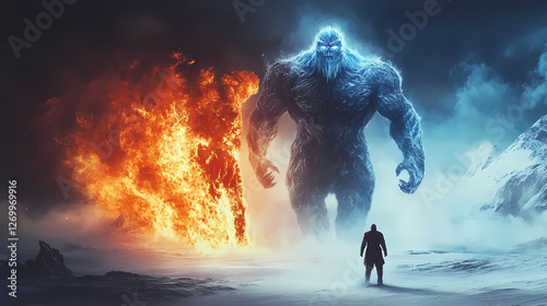 Frozen giant, man faces fiery inferno beast in icy wilderness. epic fantasy confrontation. Fire and Ice Colossi. Illustration photo