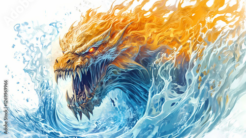 Monstrous river behemoth its twisted form exuding terror and malice. Fire and Ice Colossi. Illustration