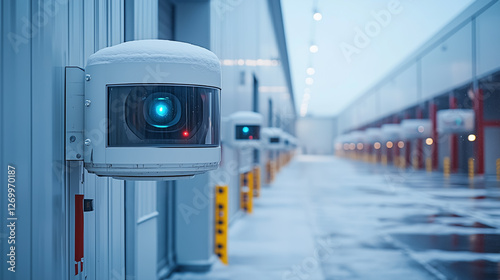 Security cameras monitoring a snowy warehouse corridor during early morning hours in a cold climate