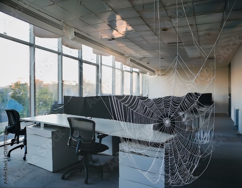 Empty office space adorned with spider webs reflects workforce shortages and the absence of skilled personnel Concept Workforce shortage Skilled personnel Office vacancy Spider webs Symbolism photo