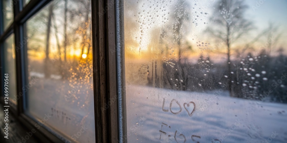 Sunrise seen through a frosted window, showcasing winter's beauty and warmth of a new day