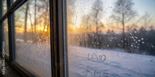 Sunrise seen through a frosted window, showcasing winter's beauty and warmth of a new day