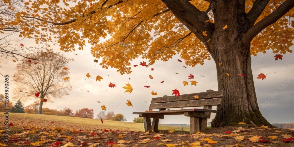 Vibrant autumn leaves swirling around a wooden bench under a large tree in a serene park setting