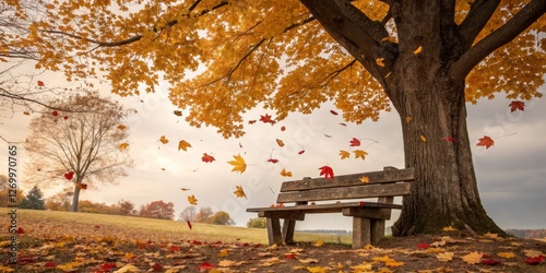 Obraz na płótnie Vibrant autumn leaves swirling around a wooden bench under a large tree in a serene park setting w salonie