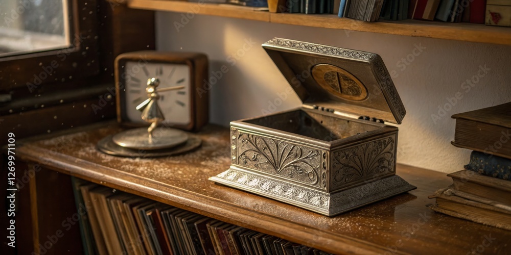 Decorative antique box on a dusty wooden shelf next to a vintage clock and books in a sunlit room