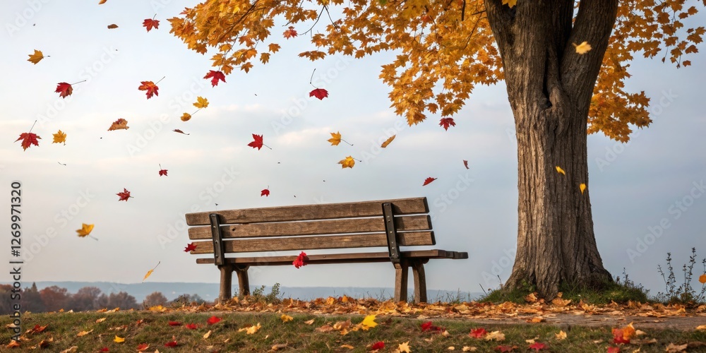 Bright autumn leaves swirl around a wooden bench under a large tree in a tranquil park setting during golden hour