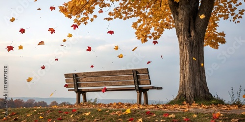 Obraz na płótnie Bright autumn leaves swirl around a wooden bench under a large tree in a tranquil park setting during golden hour w salonie