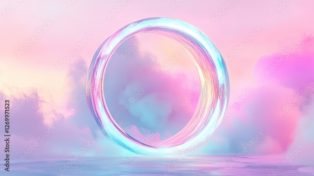 A mesmerizing abstract ring glowing with vibrant pastel colors, surrounded by soft clouds, creating a dreamlike atmosphere.
